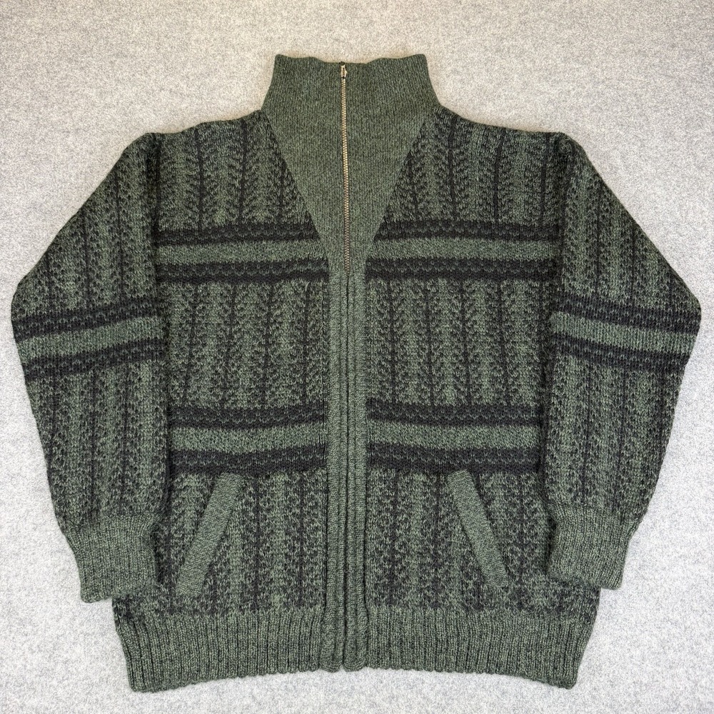 Vintage 100% Baby Alpaca Peru Full Zip Cable Knit Sweater Jacket Cardigan Green
